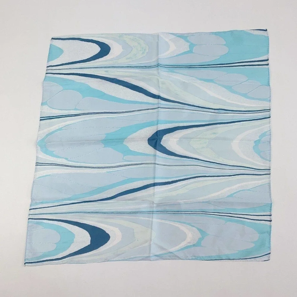 Vintage 70s Polyester Blue White Mod Square Scarf 21" x 21" - Picture 1 of 5